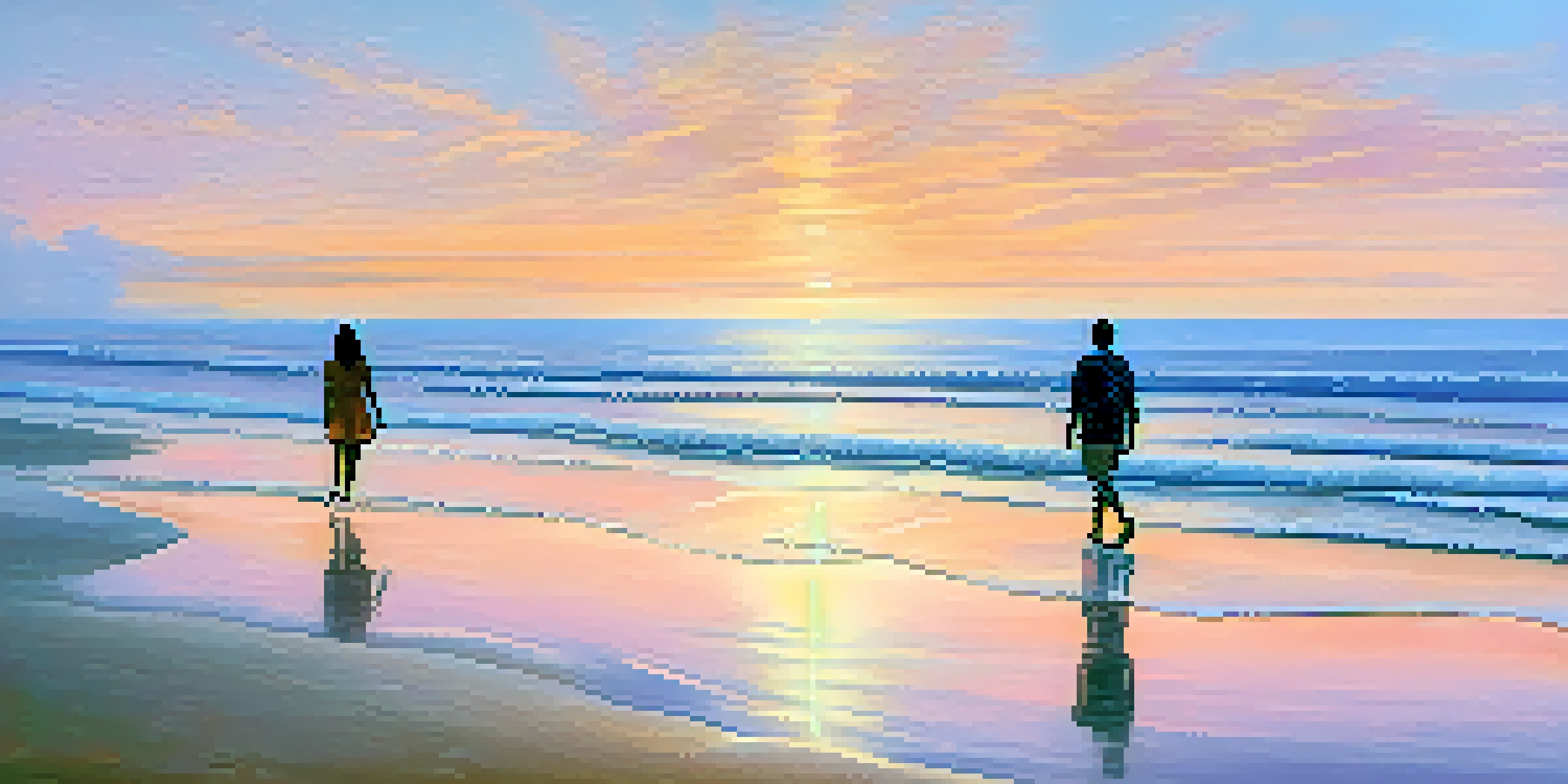 A couple walking hand in hand on a beach during sunset, with colorful skies and calm waves.