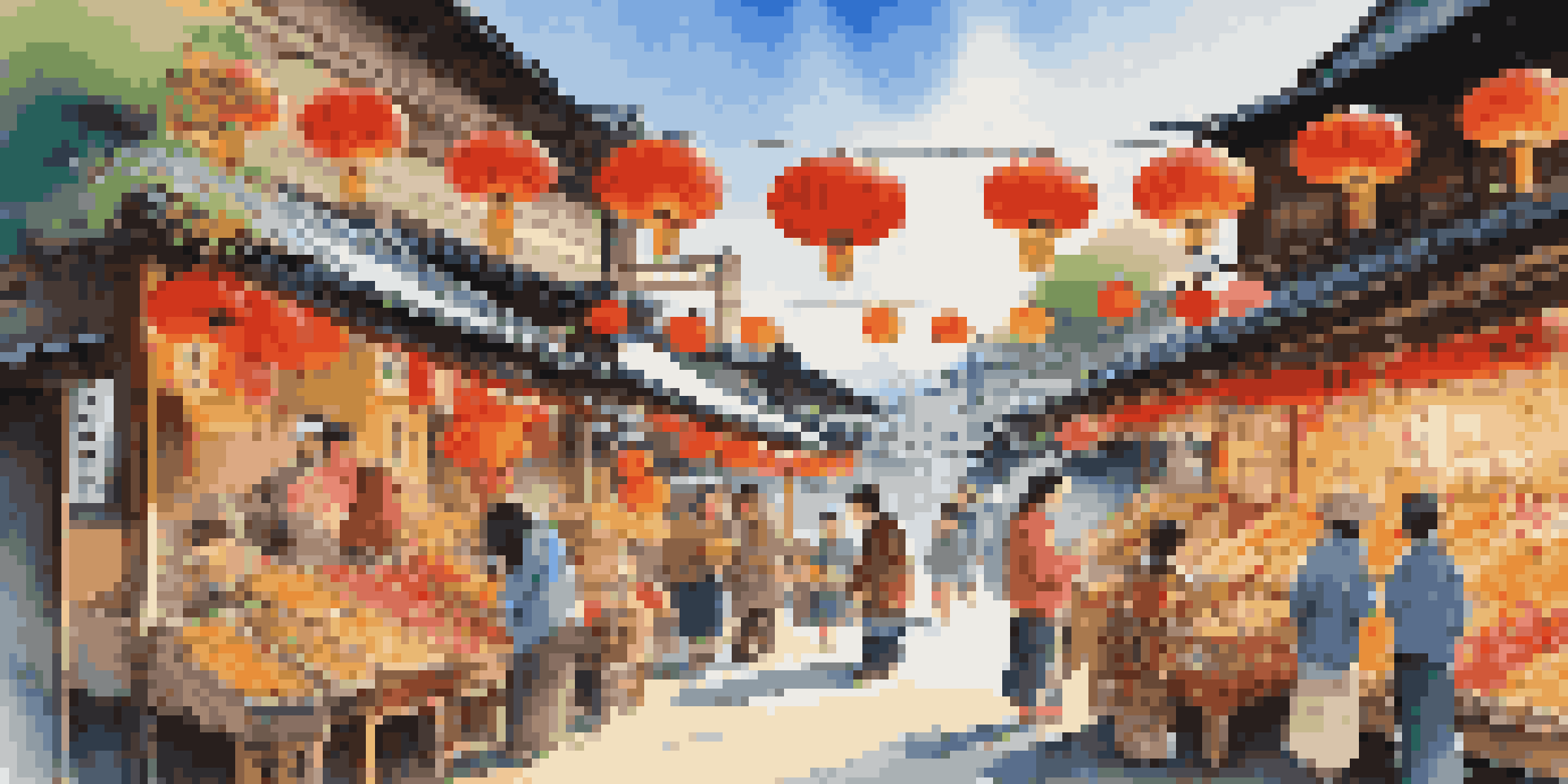 A family at a Japanese market, children interacting with vendors and trying foods.