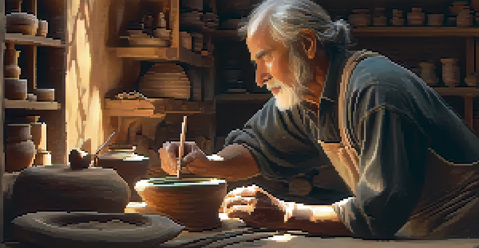 A traveler observing a local artisan working on pottery in a cozy workshop.