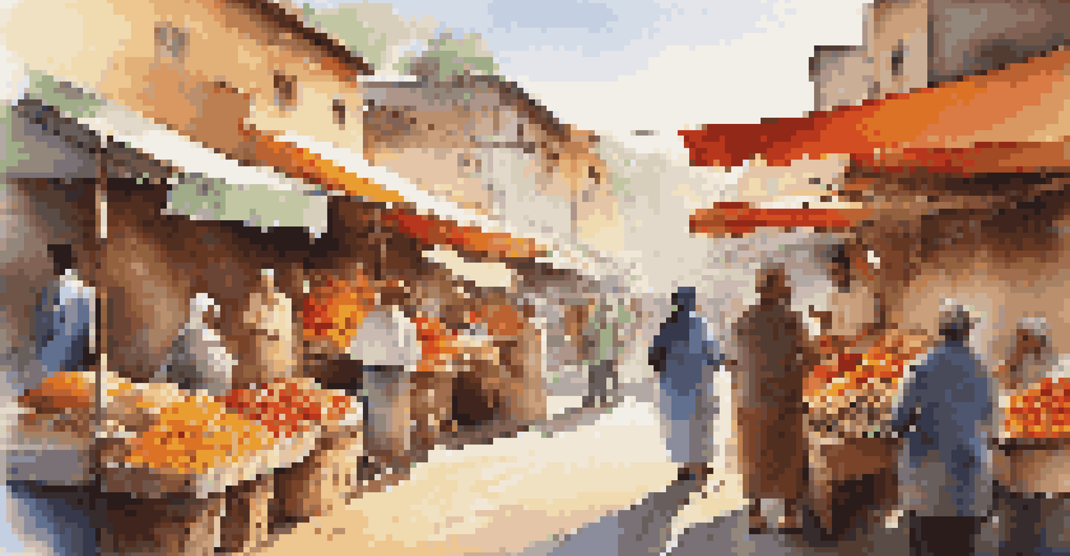 A lively local market with colorful stalls selling fruits and crafts, filled with people.