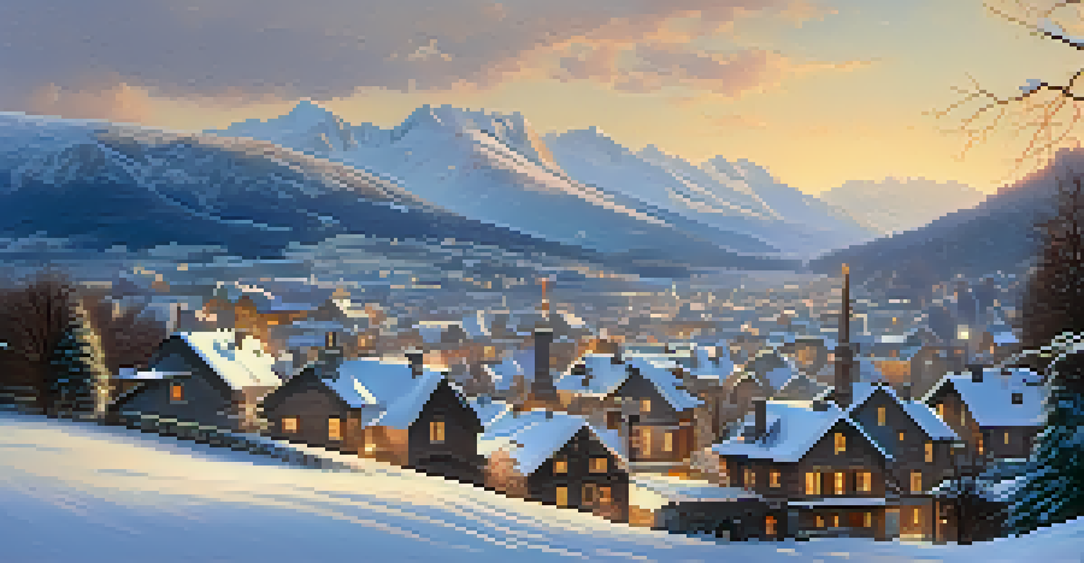 A beautiful snowy village at golden hour, with snow-covered mountains in the background and warm light illuminating the scene.