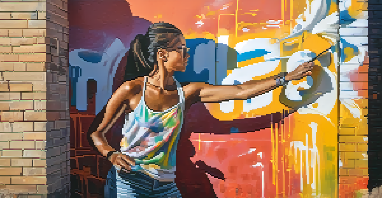 A street artist painting a colorful mural on a city wall, showcasing her creativity in action.
