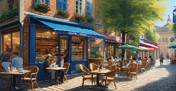 A charming street with a café and outdoor seating, filled with flowers and people enjoying their time.