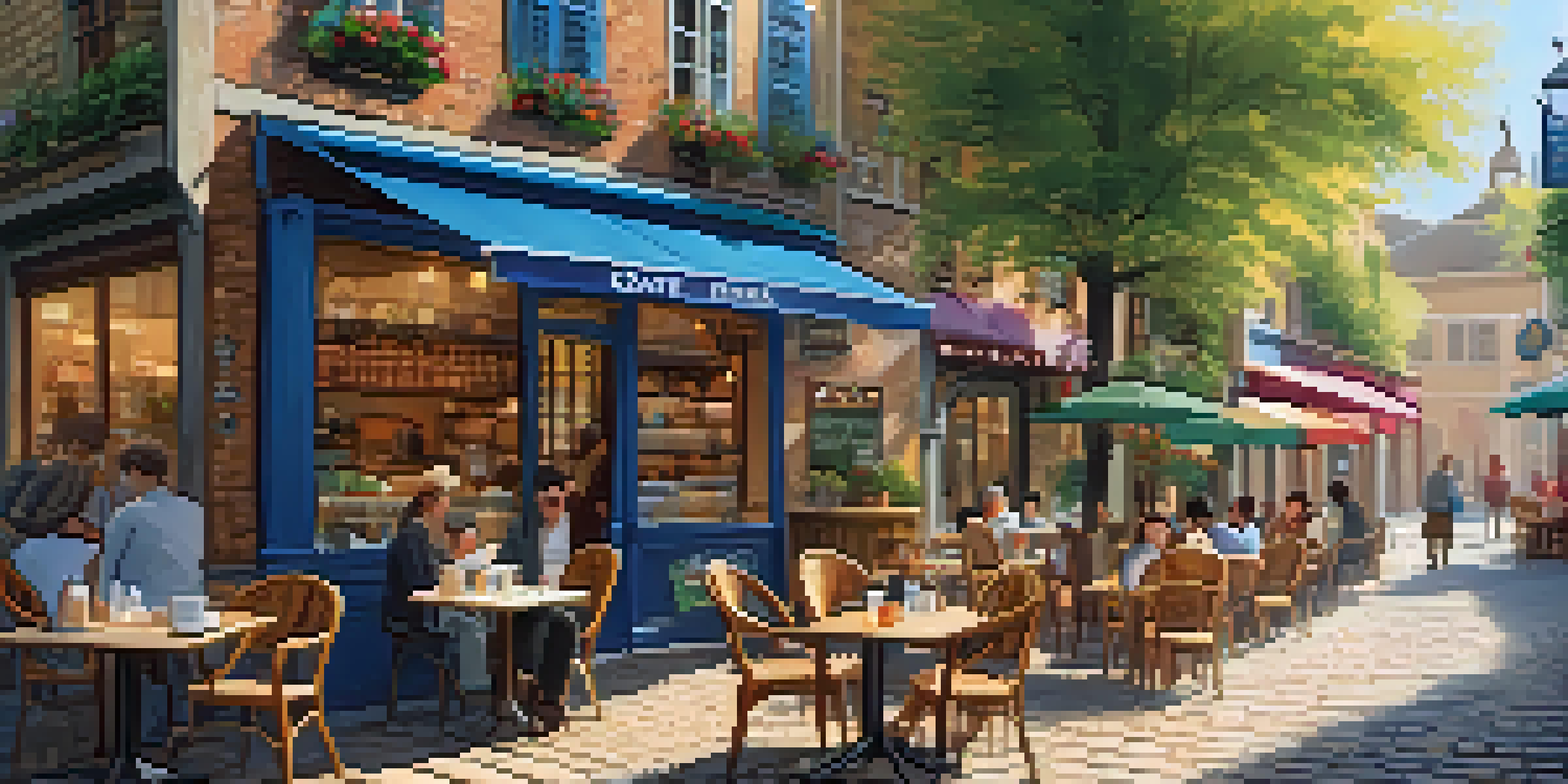 A charming street with a café and outdoor seating, filled with flowers and people enjoying their time.