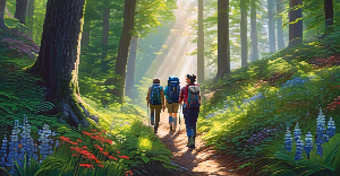 A group of hikers with various backpacks walking along a forest trail, surrounded by greenery and sunlight filtering through the trees.