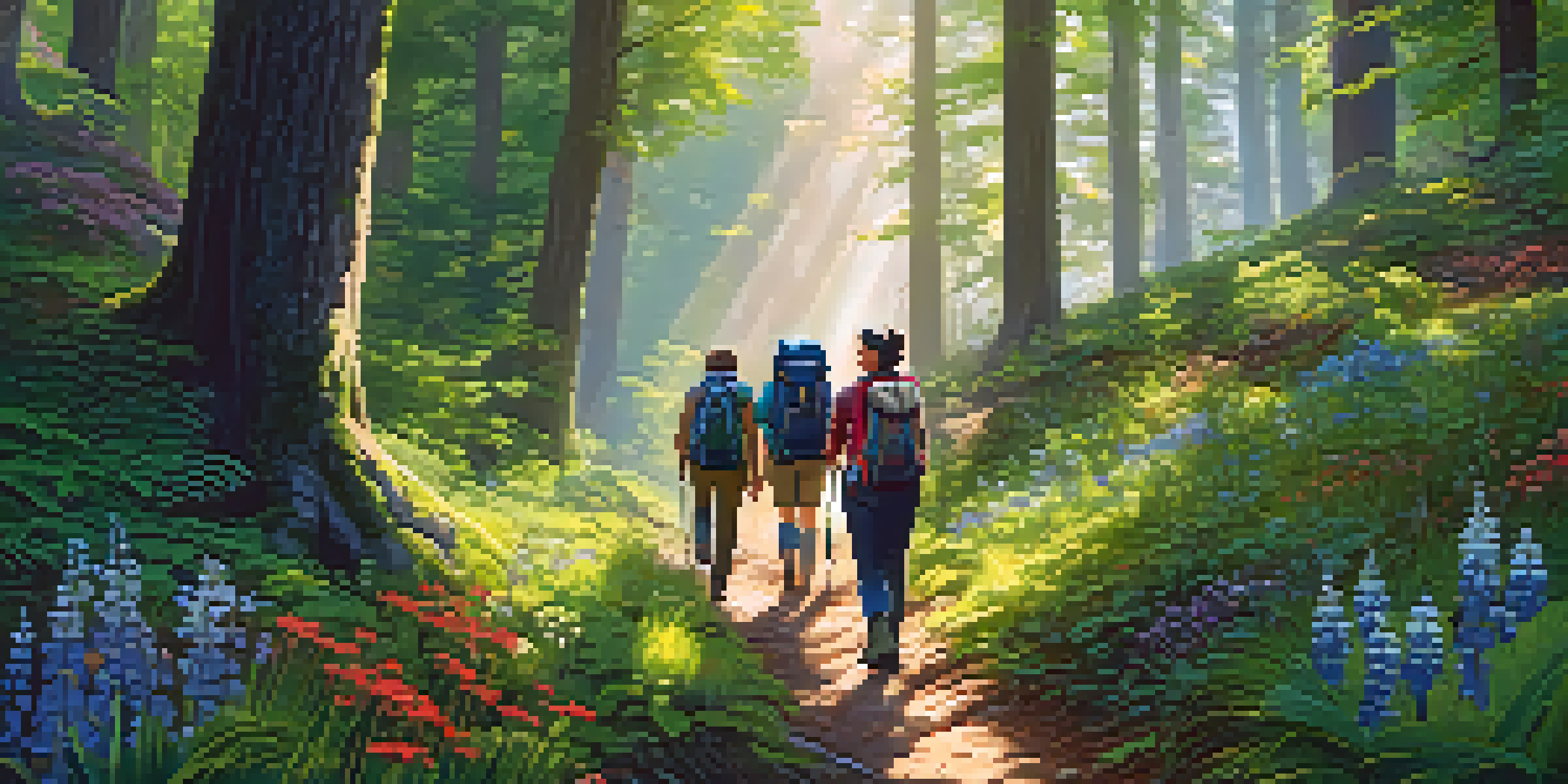A group of hikers with various backpacks walking along a forest trail, surrounded by greenery and sunlight filtering through the trees.
