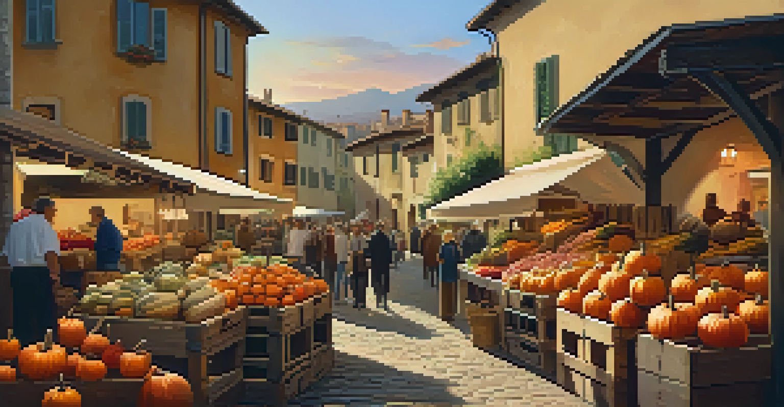 An autumn market in Tuscany filled with pumpkins and apples, showcasing rustic wooden crates and vibrant foliage under warm golden sunset light.