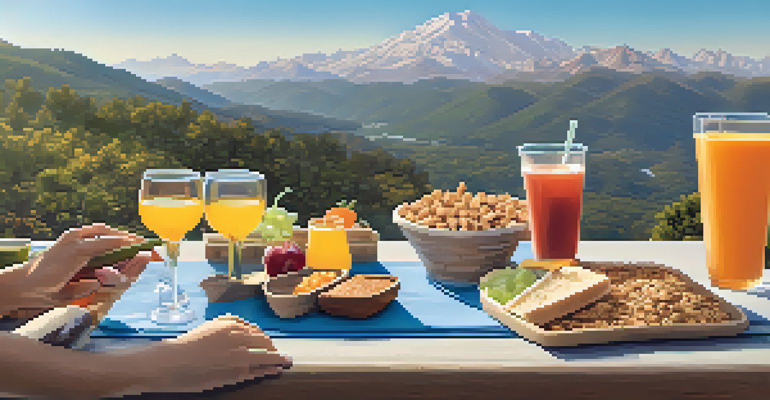 A family enjoying snacks at a picnic table with a mountain view, featuring healthy options like veggie sticks and granola bars.