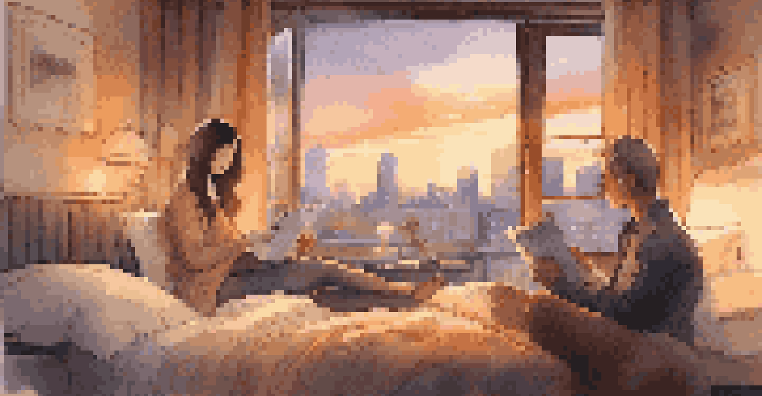 A couple relaxing in a hotel room, reading books and enjoying tea with a sunset view.