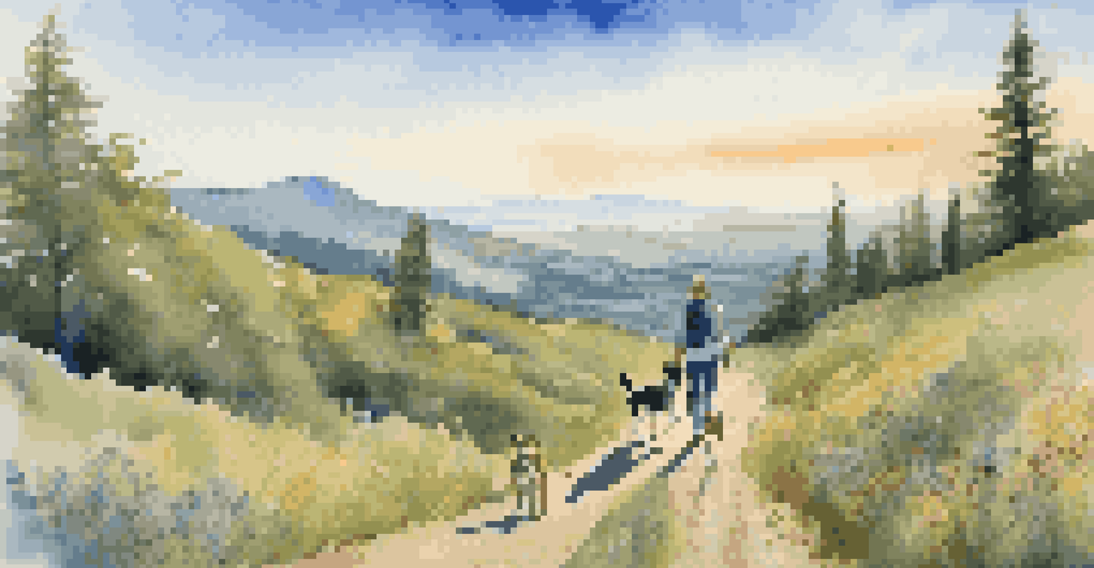 A person hiking with a dog on a leash along a beautiful trail with flowers and hills.