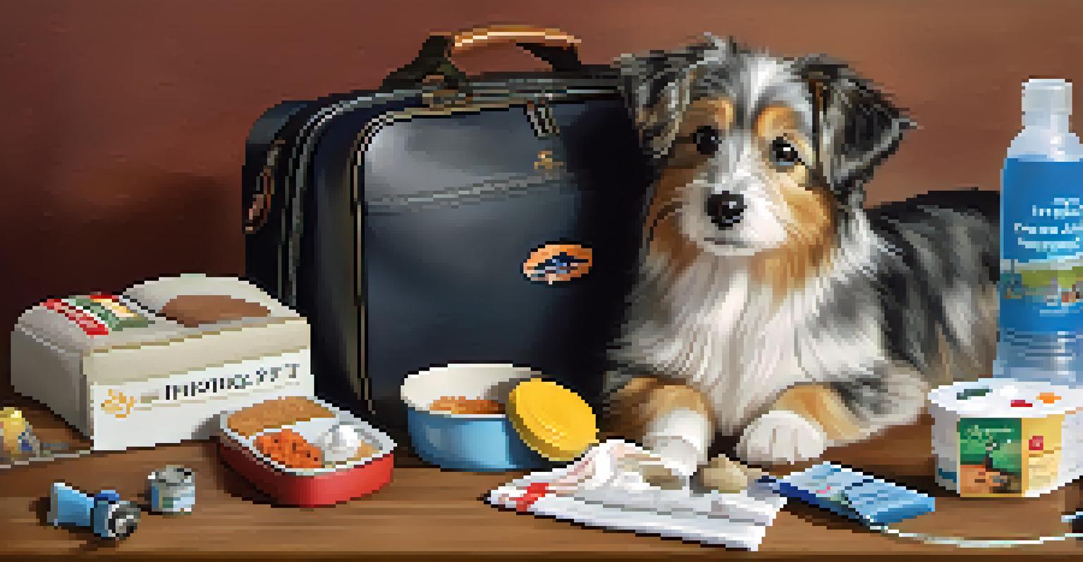 A neatly arranged pet travel kit with food, water bowl, first-aid kit, and toys on a table.