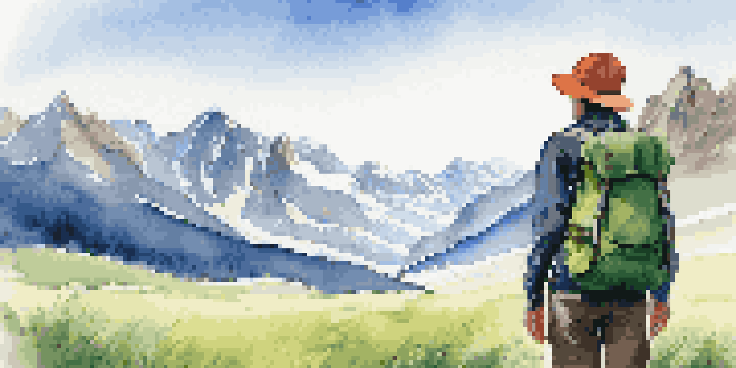 A traveler with a backpack in front of a mountain landscape, surrounded by greenery and a blue sky.