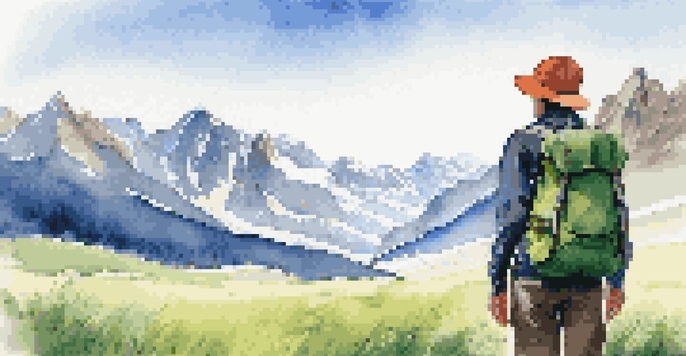 A traveler with a backpack in front of a mountain landscape, surrounded by greenery and a blue sky.