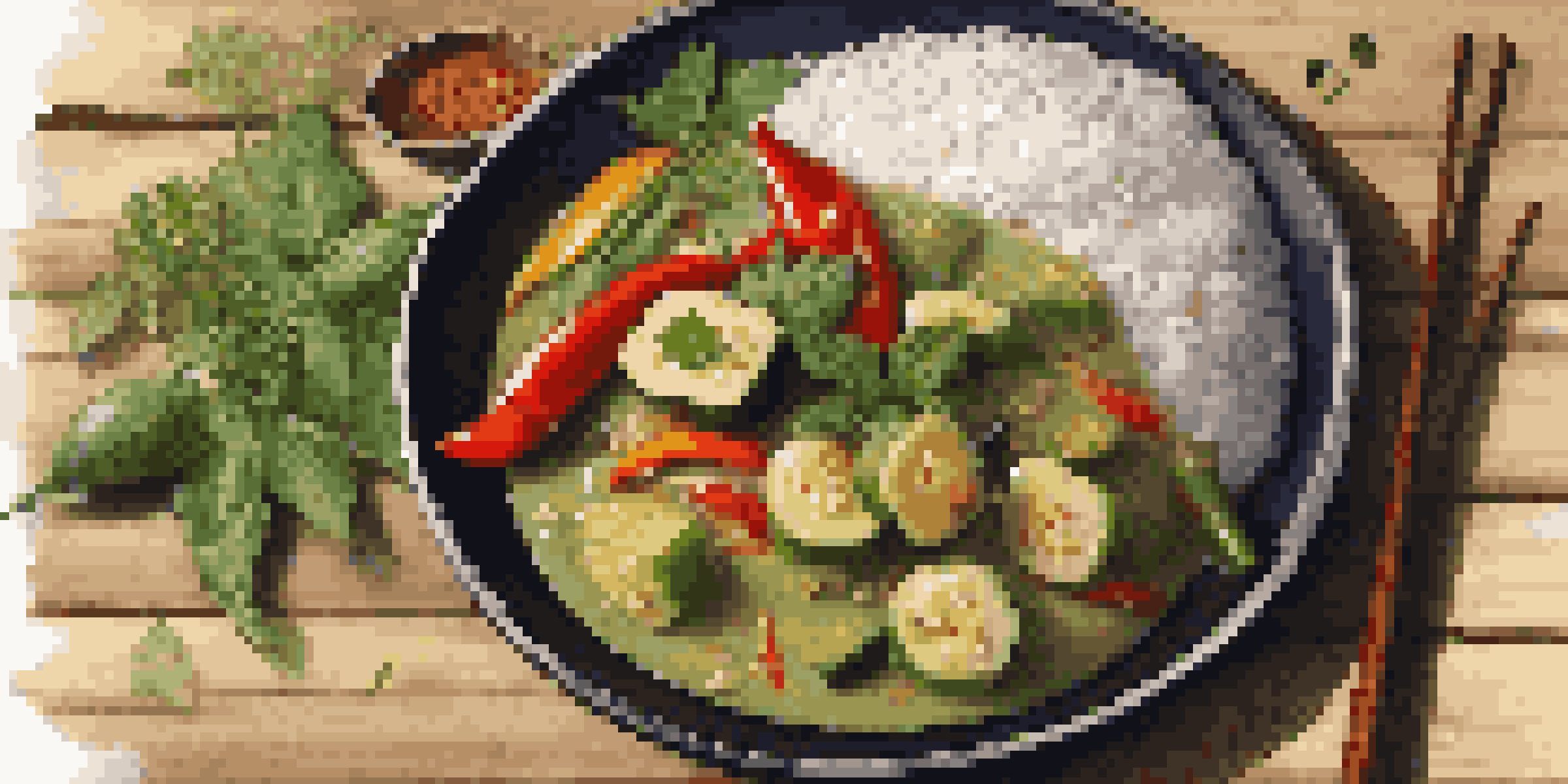 A colorful Thai Green Curry with assorted vegetables and jasmine rice on a rustic wooden table.