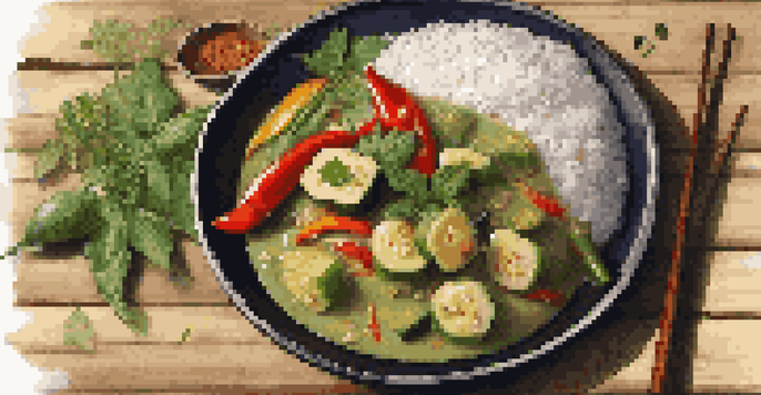 A colorful Thai Green Curry with assorted vegetables and jasmine rice on a rustic wooden table.