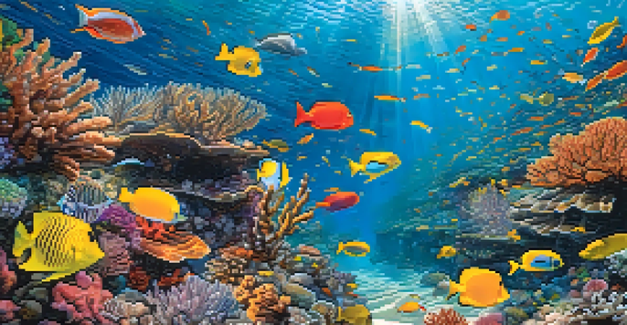 A snorkeler exploring a colorful coral reef filled with diverse marine life and sunlight filtering through the water.