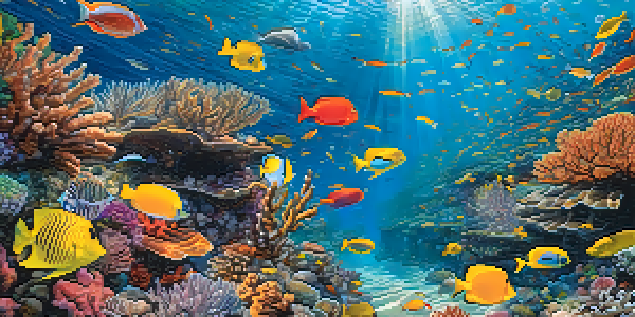 A snorkeler exploring a colorful coral reef filled with diverse marine life and sunlight filtering through the water.
