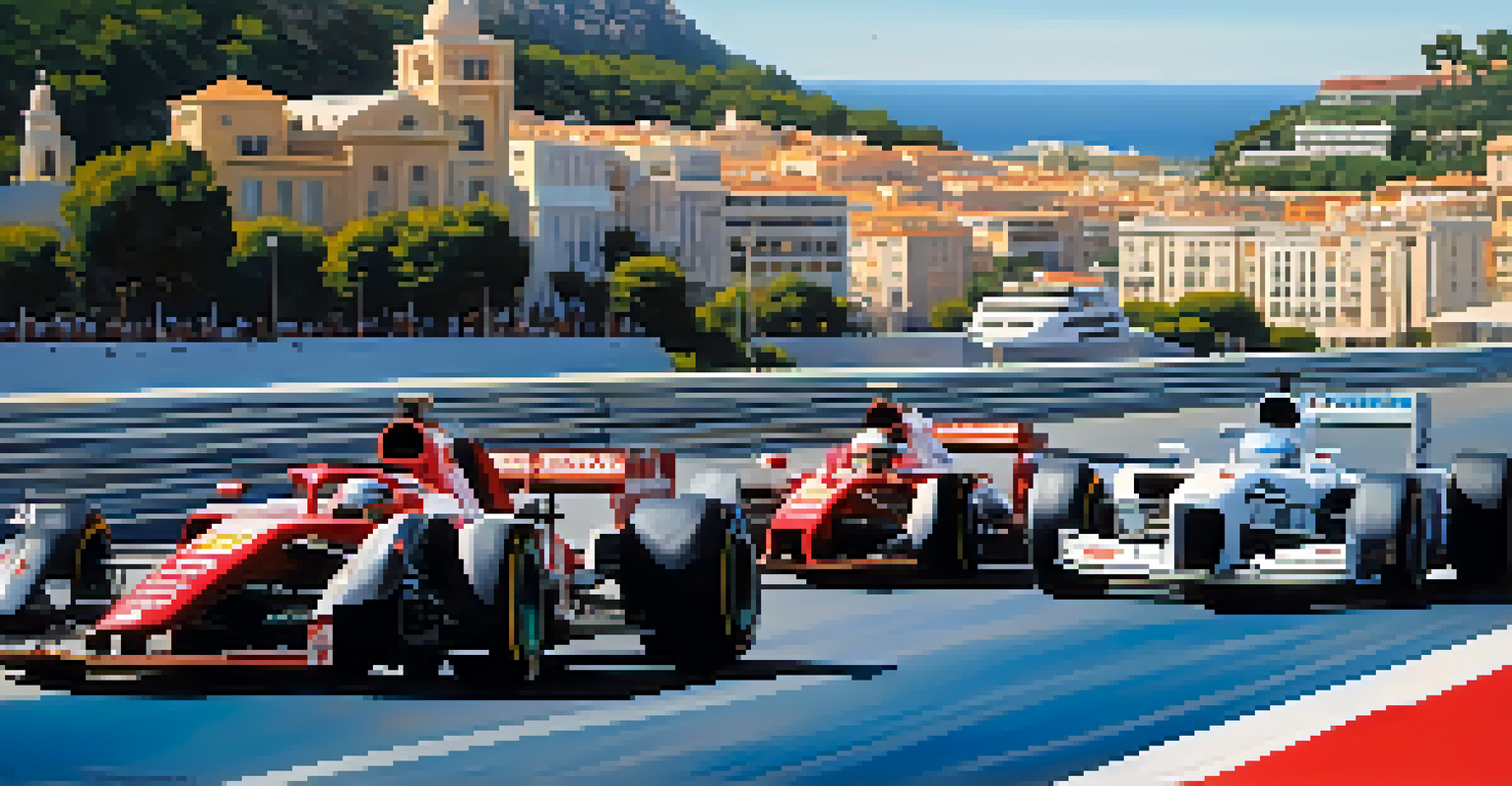 Racing cars zooming around a turn at the Monaco Grand Prix, with luxury yachts and the beautiful Mediterranean coast in the background.