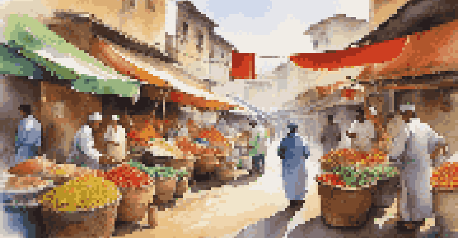 A lively local market with a chef selecting fresh produce, surrounded by colorful fruits and spices, showcasing vibrant cultural elements.