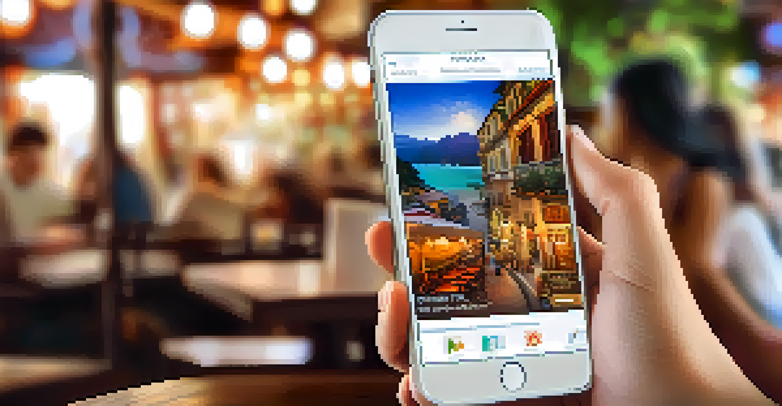 A smartphone showing a travel planning app in a cozy cafe, with a traveler enjoying coffee and browsing travel images.