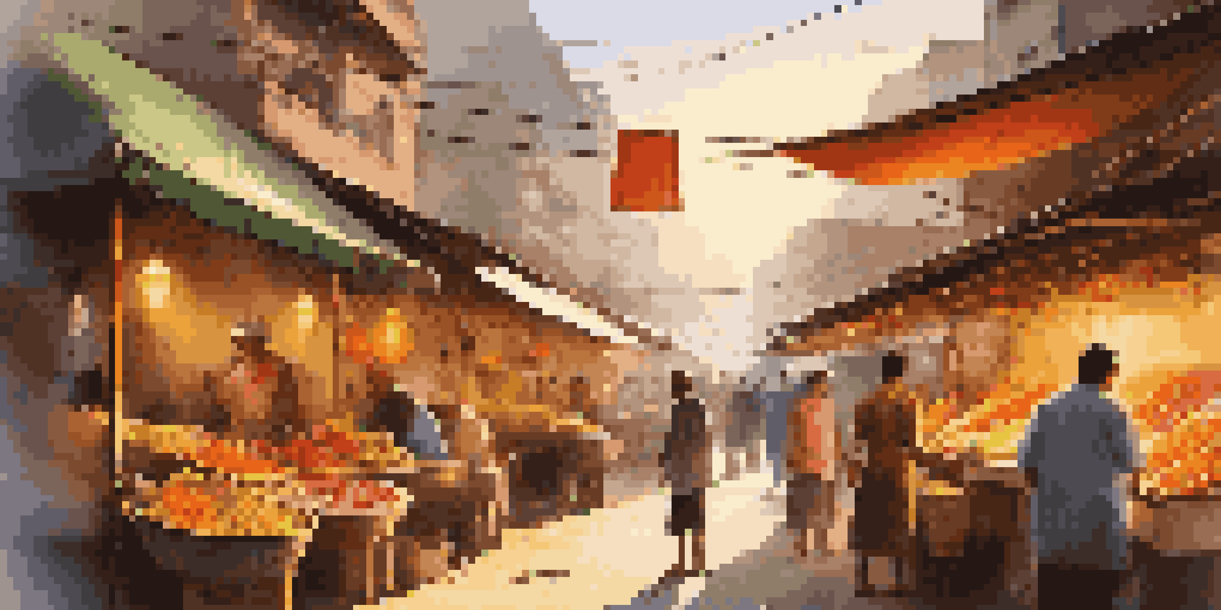 A vibrant street food market with colorful stalls and people interacting, illuminated by the warm glow of the setting sun.