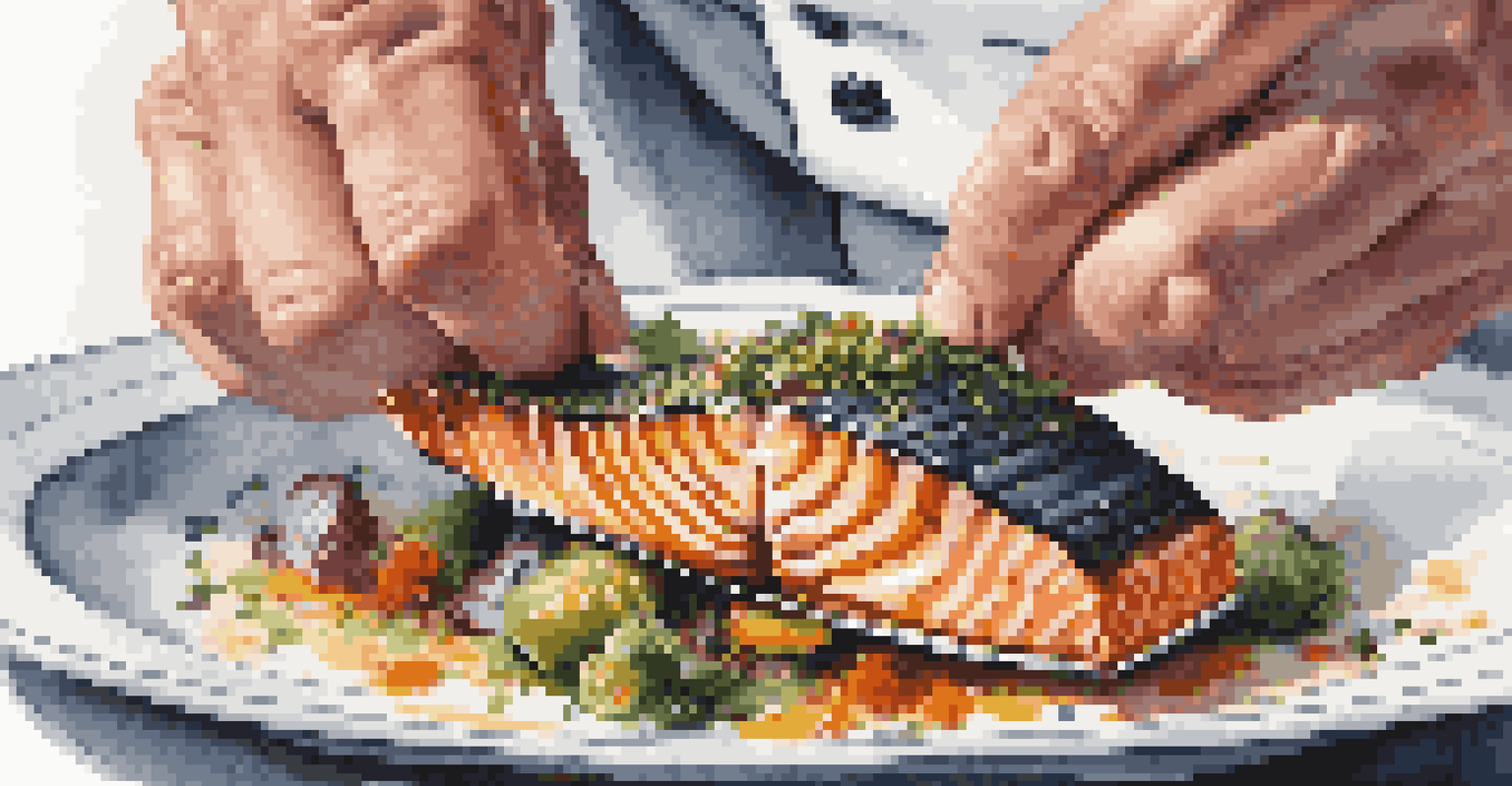 A chef plating a gourmet dish with grilled salmon and roasted vegetables, focused in a softly blurred kitchen background.