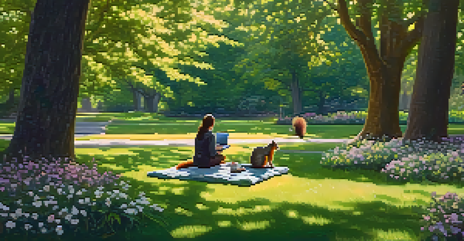 A peaceful outdoor workspace in a park, with a person using a laptop on a picnic blanket among flowers.
