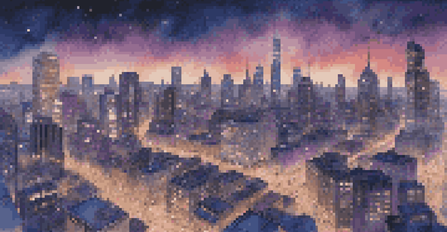 Aerial view of a city at twilight with illuminated skyscrapers and light streaks from moving cars.