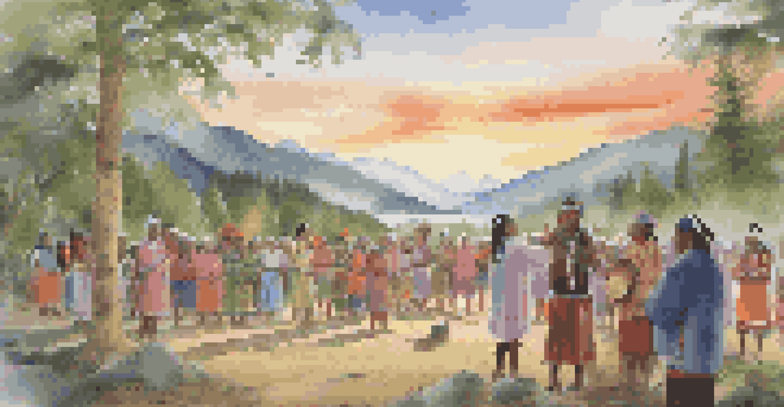An indigenous elder conducting a traditional ceremony surrounded by community members in a scenic natural setting at sunrise.