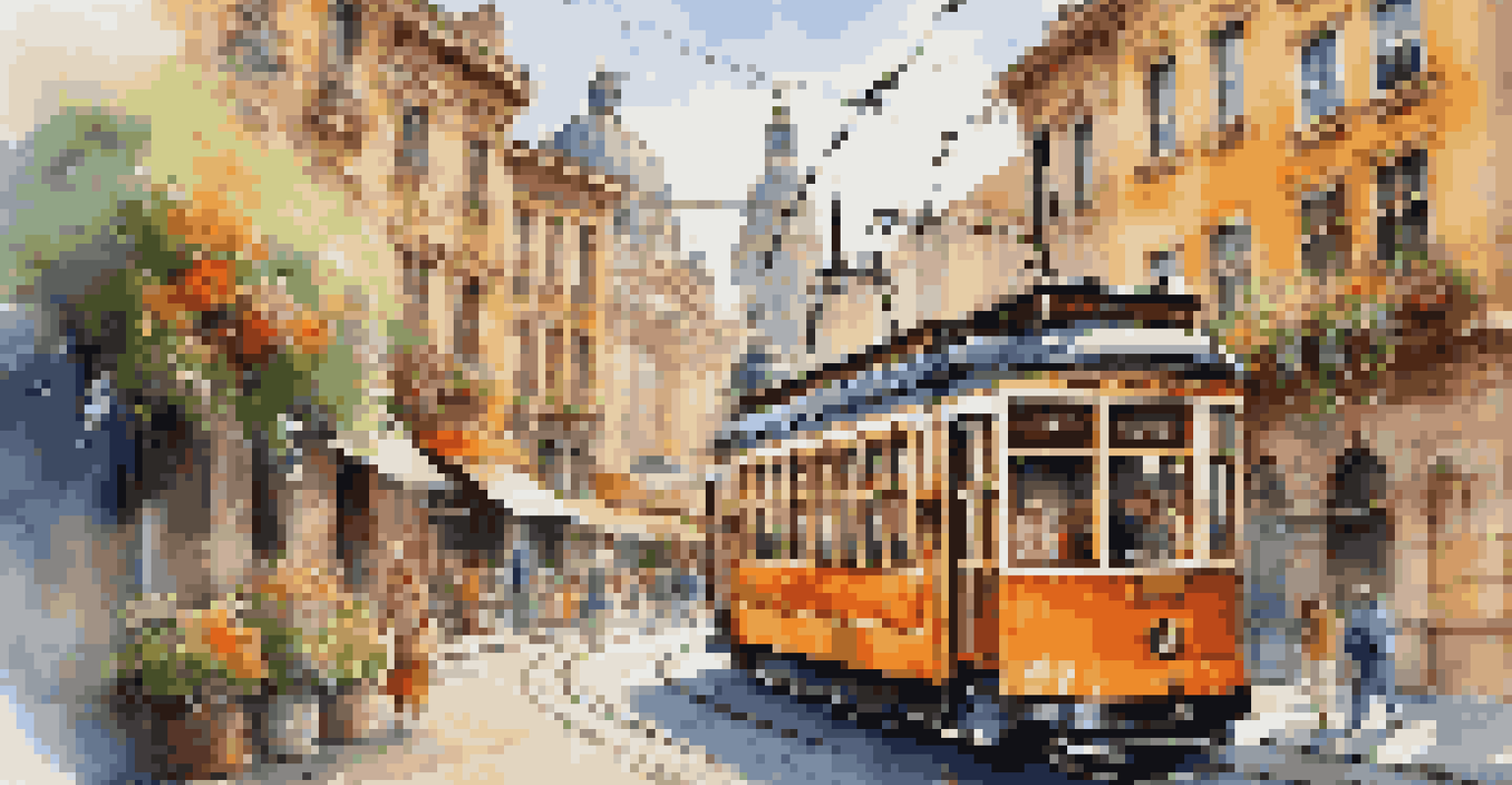A vintage tram traveling through a charming city with colorful buildings and flowers.