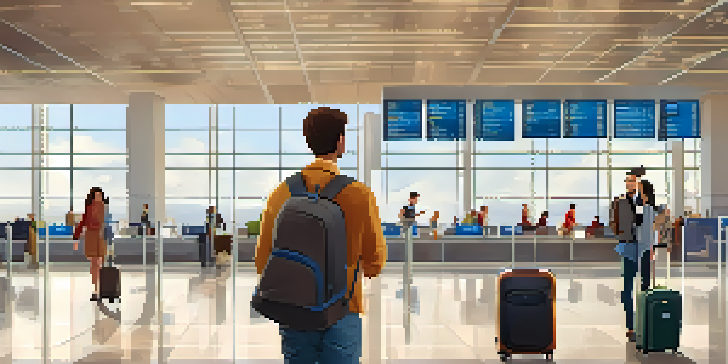 A traveler in an airport checking their flight status on a smartphone, with other passengers and luggage around.