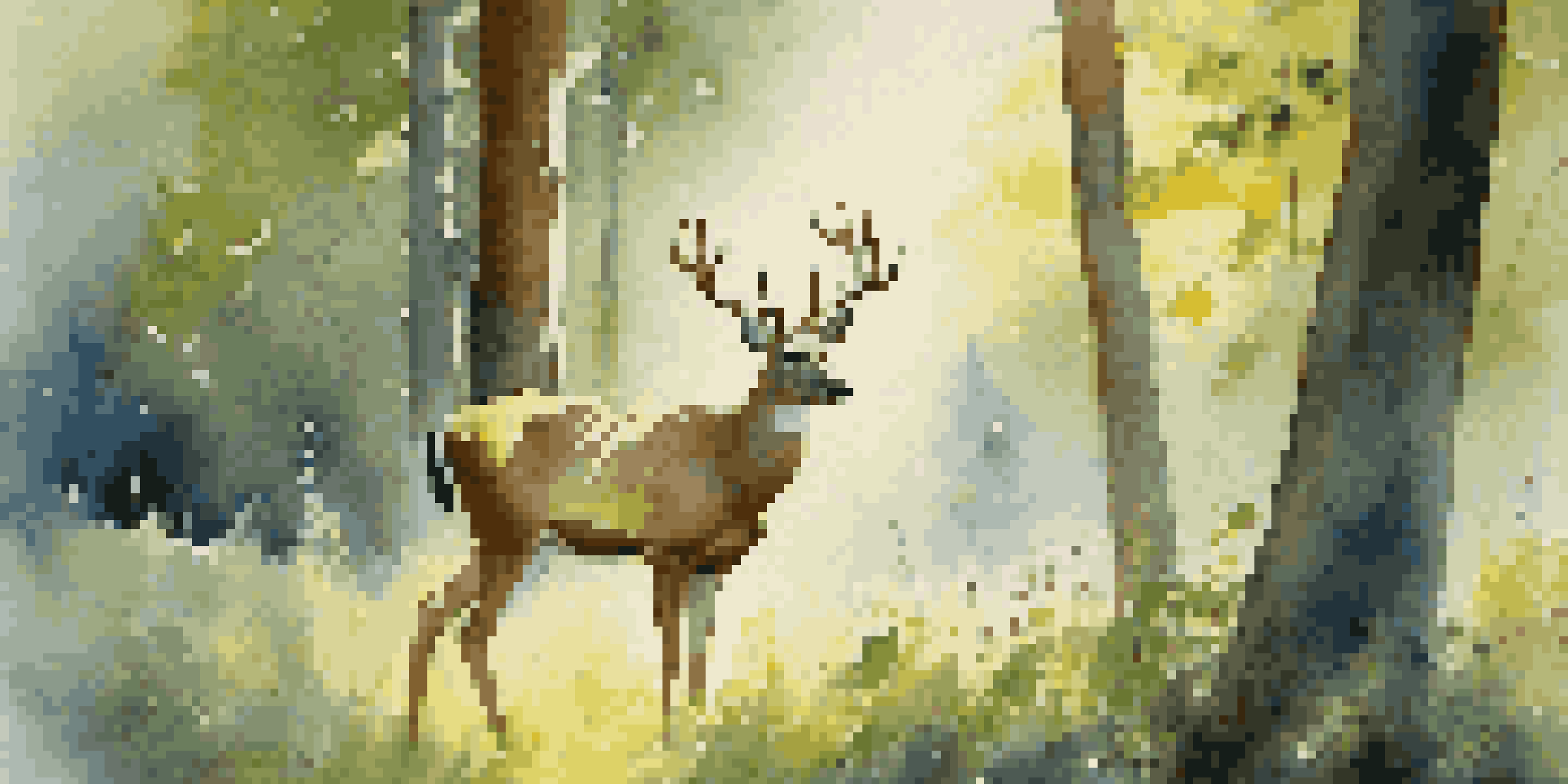 A majestic deer standing in a sunlit forest glade with dappled shadows and blooming wildflowers.