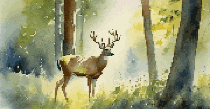 A majestic deer standing in a sunlit forest glade with dappled shadows and blooming wildflowers.