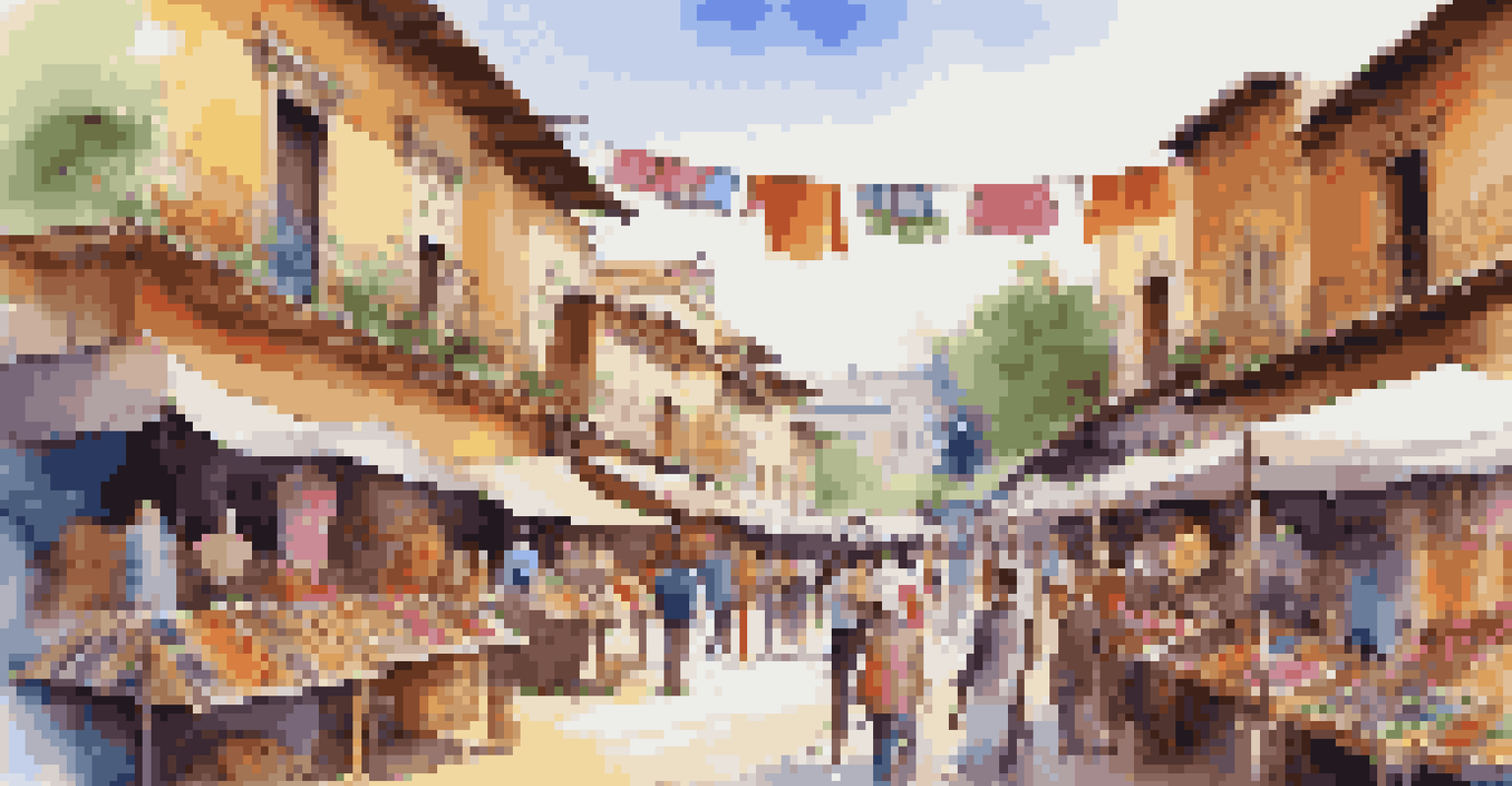 A lively artisan market with travelers buying handmade crafts from local artisans amidst colorful stalls.