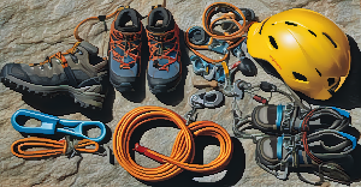 Close-up of climbing gear including a harness, helmet, climbing shoes, and carabiners on a rocky surface with a mountain backdrop.