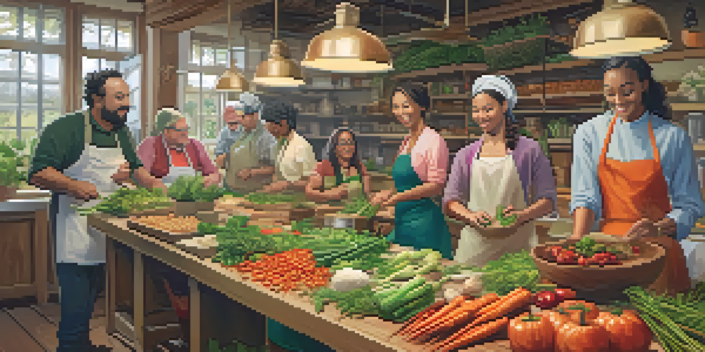 A culinary workshop with participants chopping vegetables and a chef demonstrating techniques in a warm, inviting kitchen.