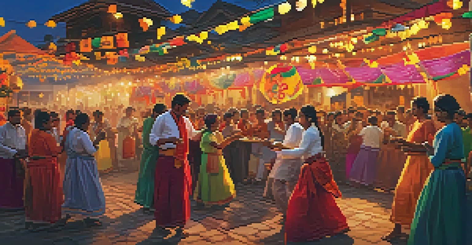 A lively local religious festival with people dancing and sharing food in traditional attire.
