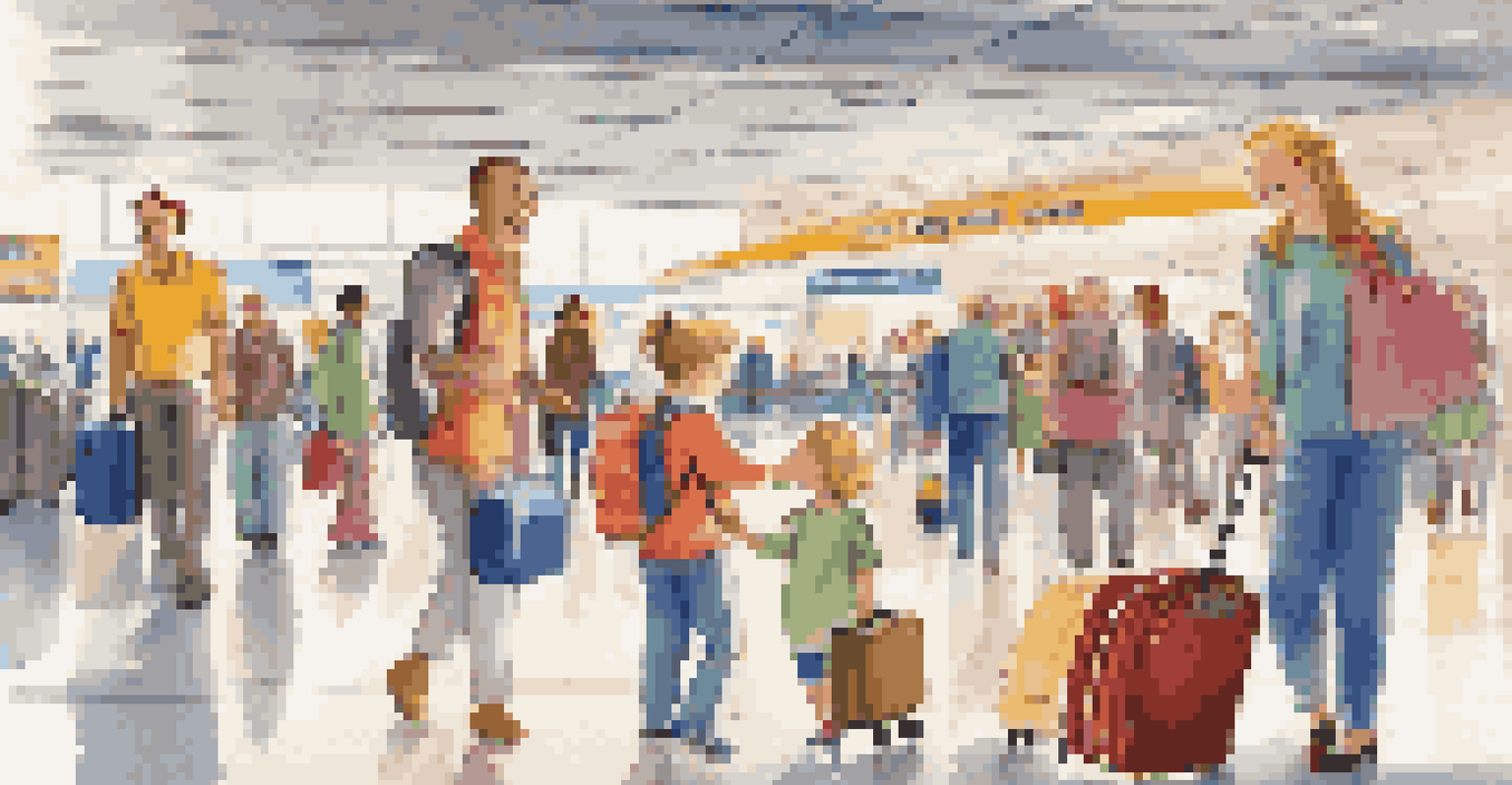 A family practicing travel manners at an airport with children interacting politely with staff.