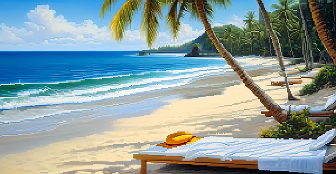 A tranquil beach in Bali with white sands, gentle waves, and palm trees. A couple is lounging on the beach under a bright blue sky.