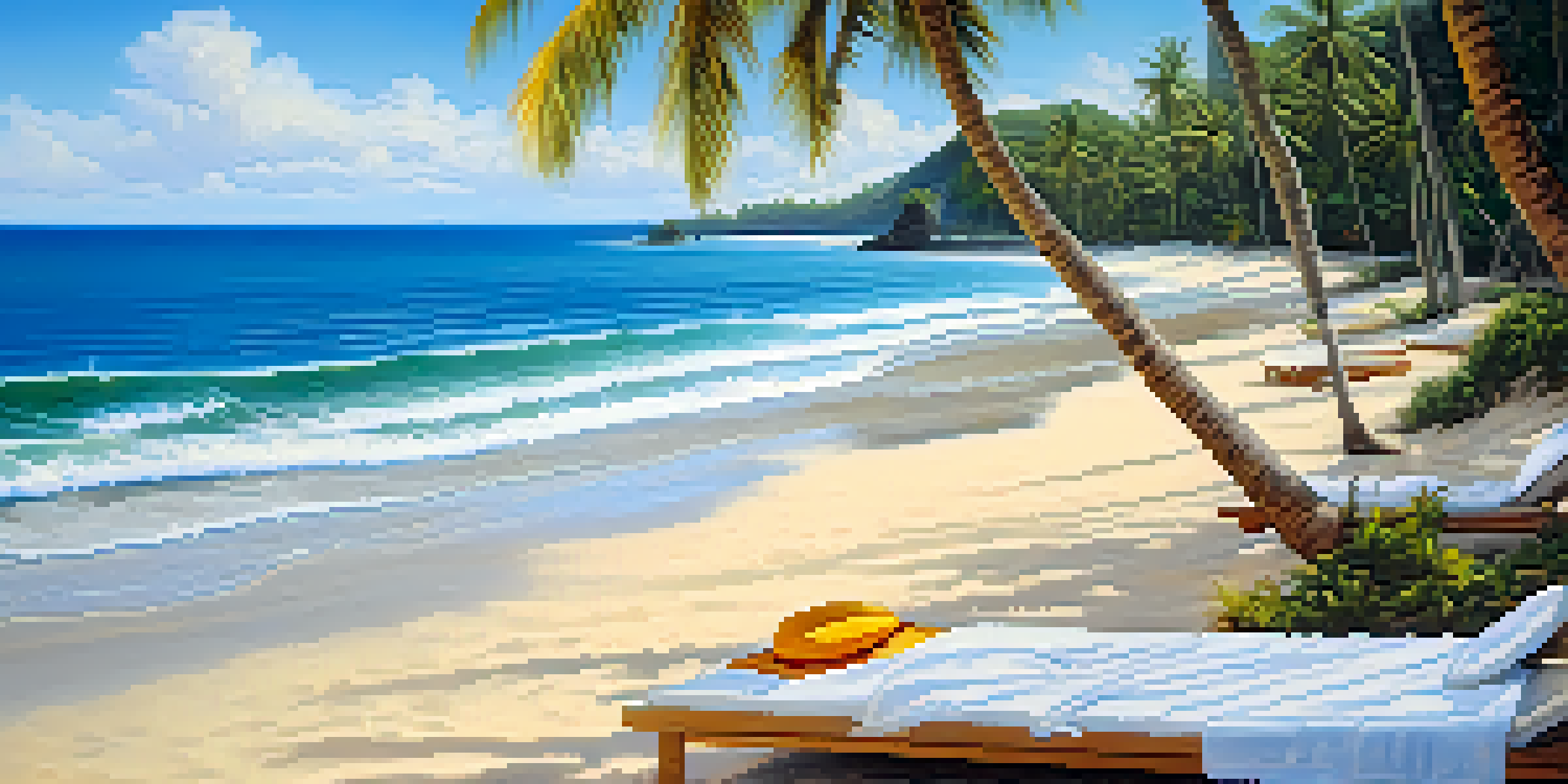 A tranquil beach in Bali with white sands, gentle waves, and palm trees. A couple is lounging on the beach under a bright blue sky.