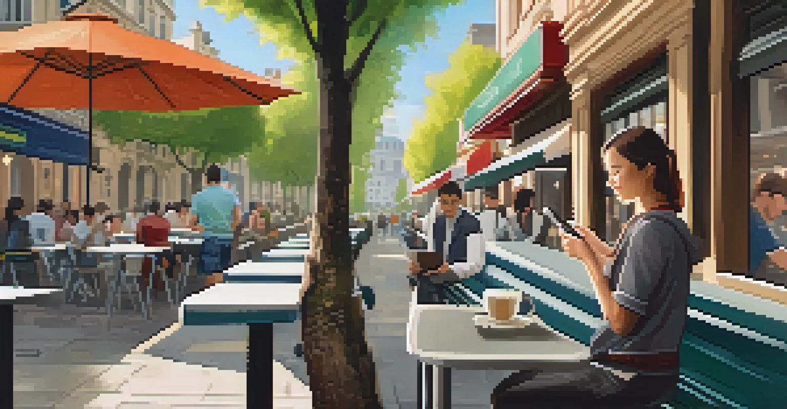 A traveler using a smartphone at an outdoor café, checking safety alerts with a bustling city scene in the background.