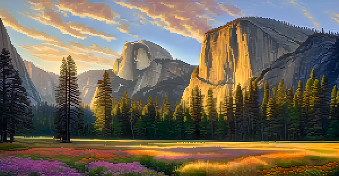 A stunning landscape of Yosemite National Park at golden hour, highlighting El Capitan and Half Dome, with wildflowers in the foreground and a pastel sky.