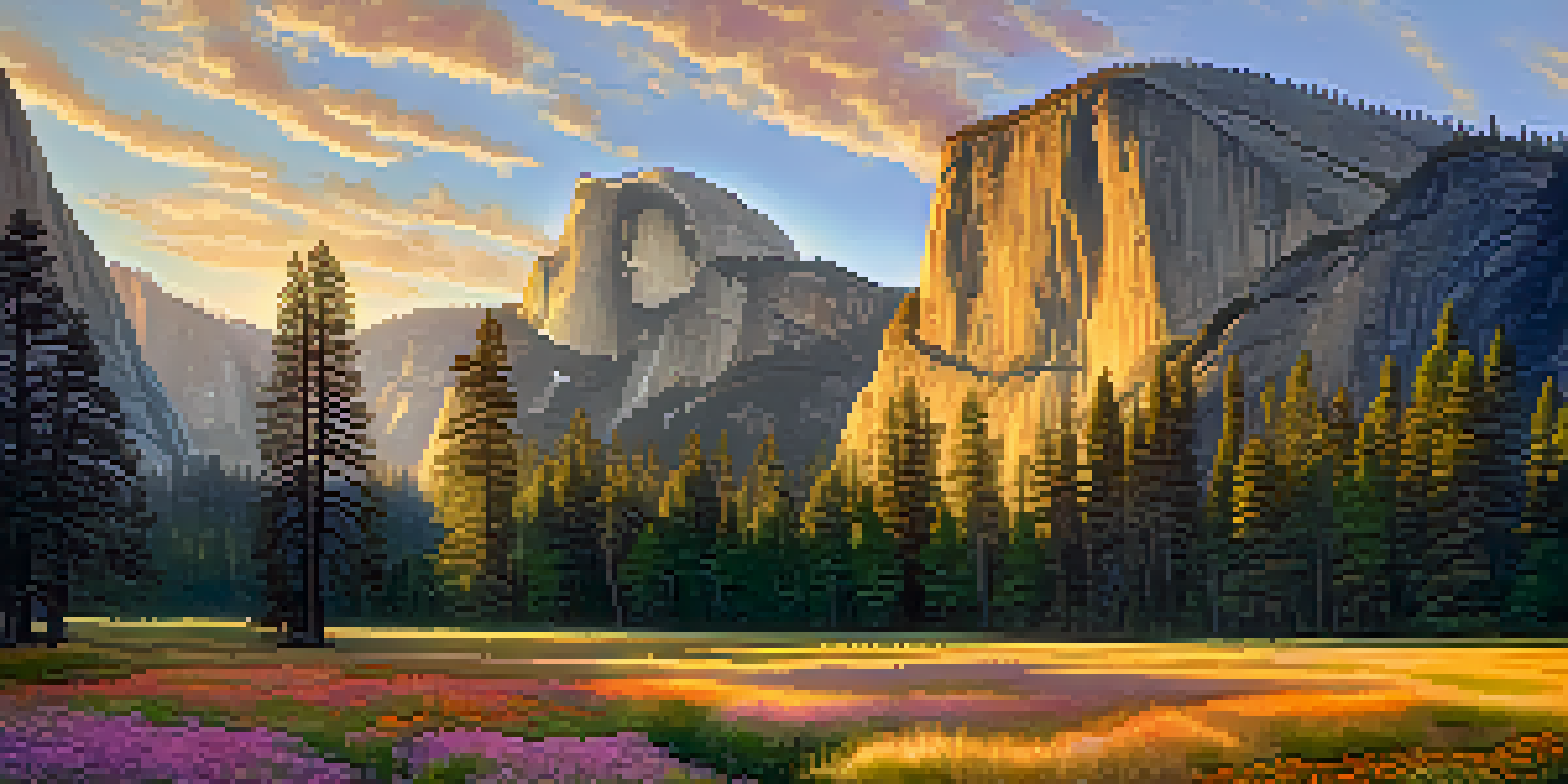 A stunning landscape of Yosemite National Park at golden hour, highlighting El Capitan and Half Dome, with wildflowers in the foreground and a pastel sky.