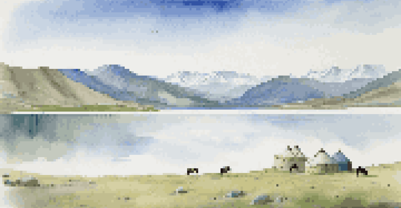 A stunning view of Lake Khövsgöl in Mongolia, surrounded by mountains and a lone yurt.