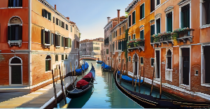 A peaceful view of Venice's canals at dawn, showcasing historic buildings and a few locals, capturing the calm before the tourist rush.