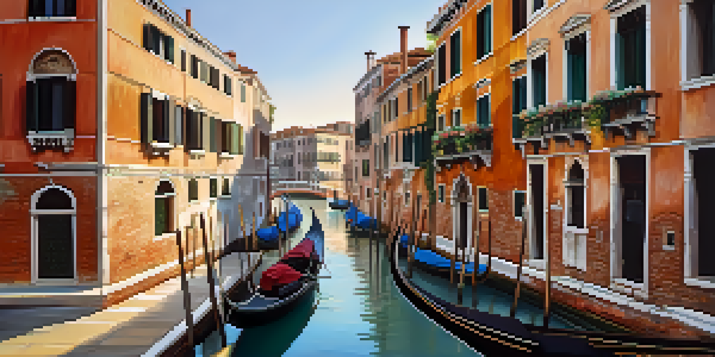 A peaceful view of Venice's canals at dawn, showcasing historic buildings and a few locals, capturing the calm before the tourist rush.