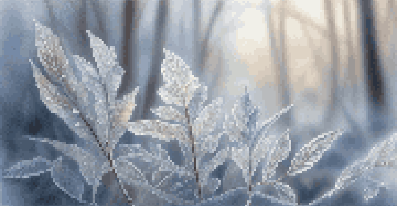 Detailed close-up of frosted leaves in a snowy forest, with soft light and falling snow creating a magical scene.