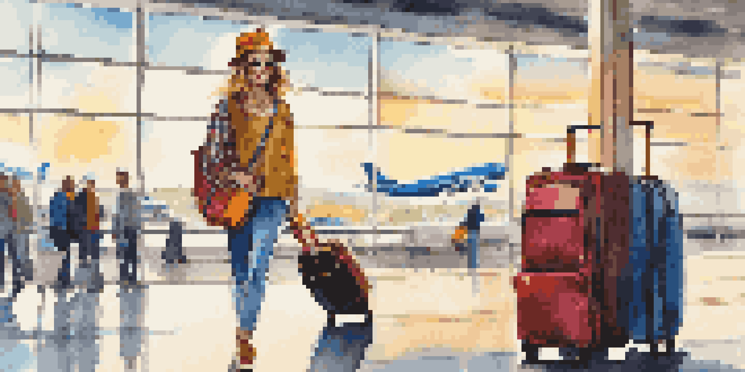 A fashionable teenager with a rolling duffel bag and a backpack at the airport, with an animated airport background.