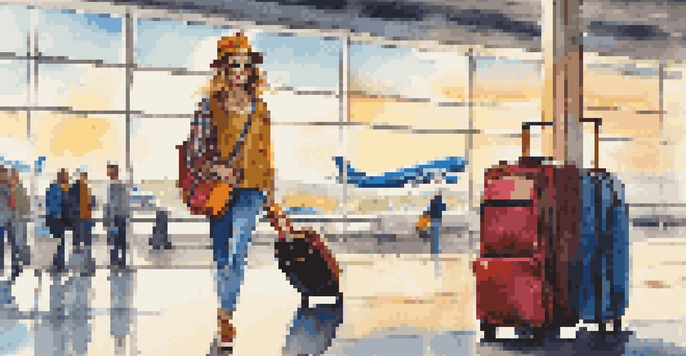 A fashionable teenager with a rolling duffel bag and a backpack at the airport, with an animated airport background.