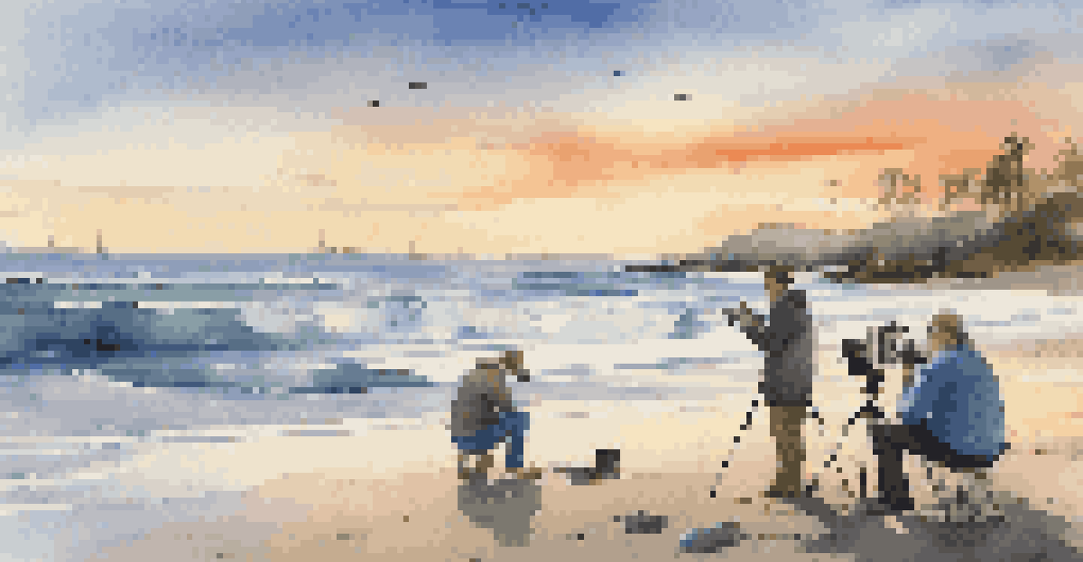 Photographers capturing a stunning sunrise on a beach during a travel photography workshop, with calm waters reflecting the colorful sky.